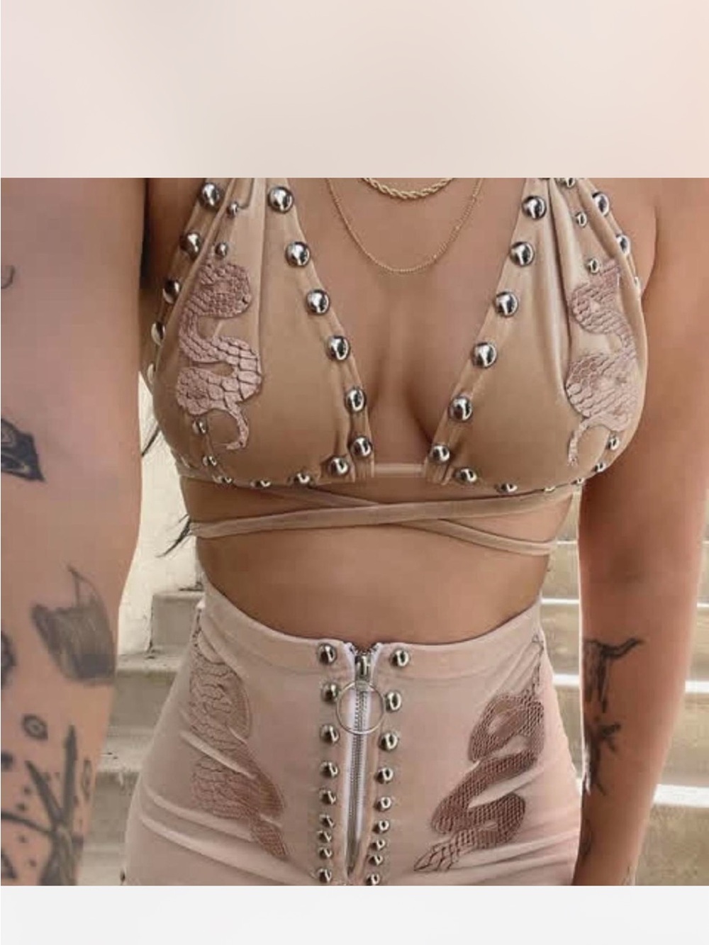 Studded Snake Applique Nude Two-Piece Crop Top & Skirt Set